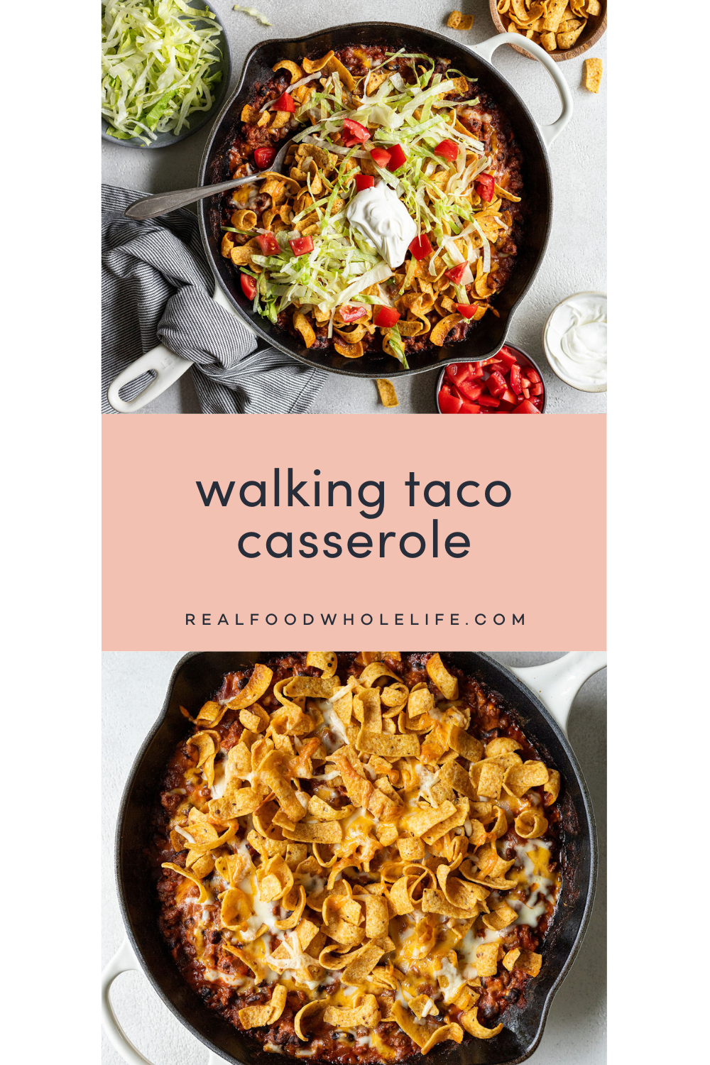 2 image collage of overhead images of taco casserole in a cast iron skillet.