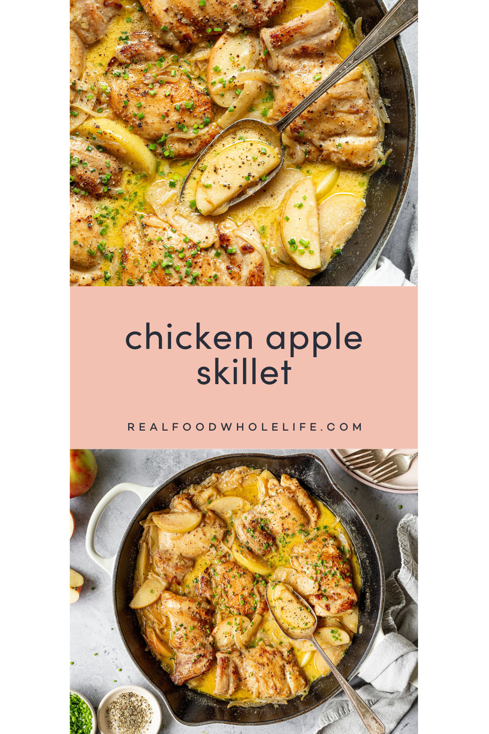 2 image collage. The top image is a closeup of a skillet with cooked chicken and apples in a pan sauce. The bottom image is an overhead shot of a skillet with cooked chicken and apples in a pan sauce surrounded by plates, apples, chopped chives, seasonings, and cutlery.