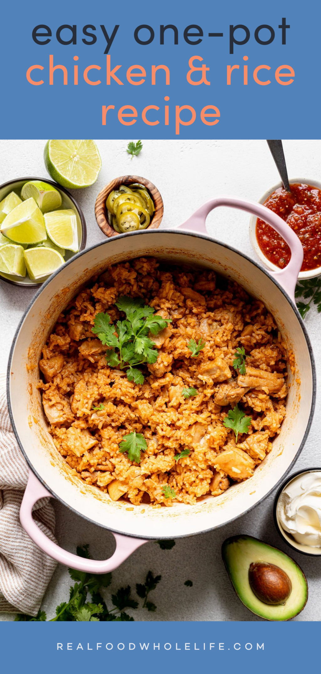 Overhead image of a pot with cooked rice with chicken chunks in it. The title reads "easy one-pot chicken & rice recipe."