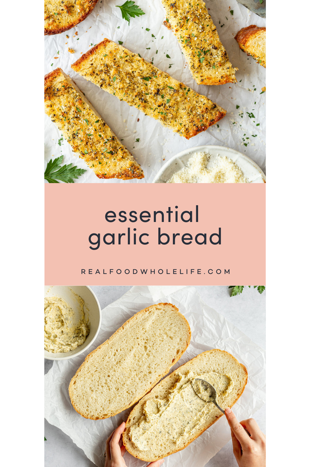 Two image collage with the following text in the middle: essential garlic bread.