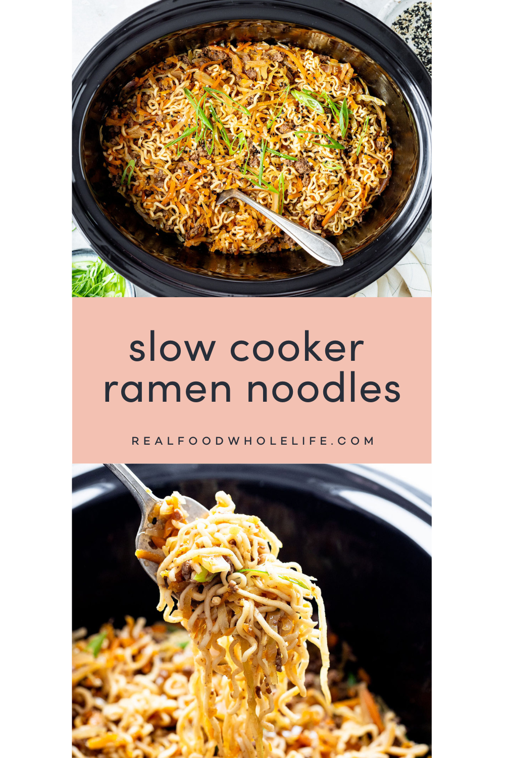 Two image collage of ramen noodles in a slow cooker. The text in the middle reads: slow cooker ramen noodles.