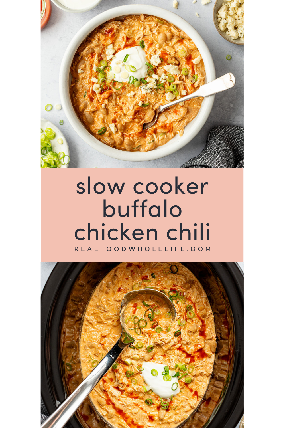 A two image collage with the text "slow cooker buffalo chicken chili" in the middle. The top image is of a bowl of chili and the bottom image is of a slow cooker with the chili and a silver ladle.