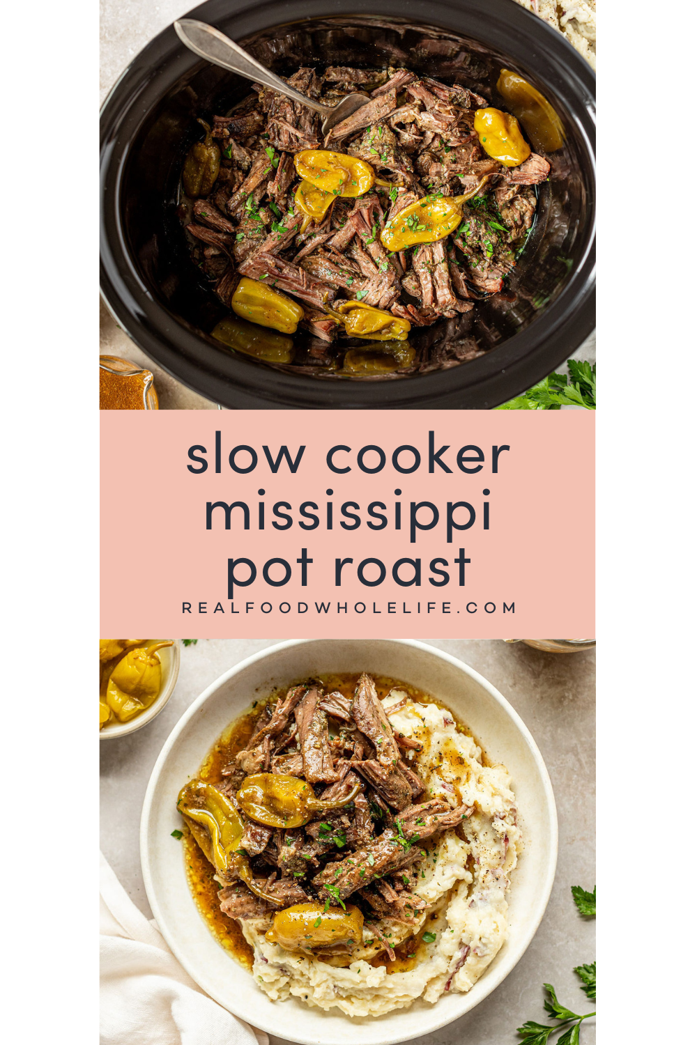 Two image collage. The top image is of a pot roast in a slow cooker and the bottom image is an overhead shot of a white bowl with mashed potatoes, shredded beef, pepperoncini, and gravy.