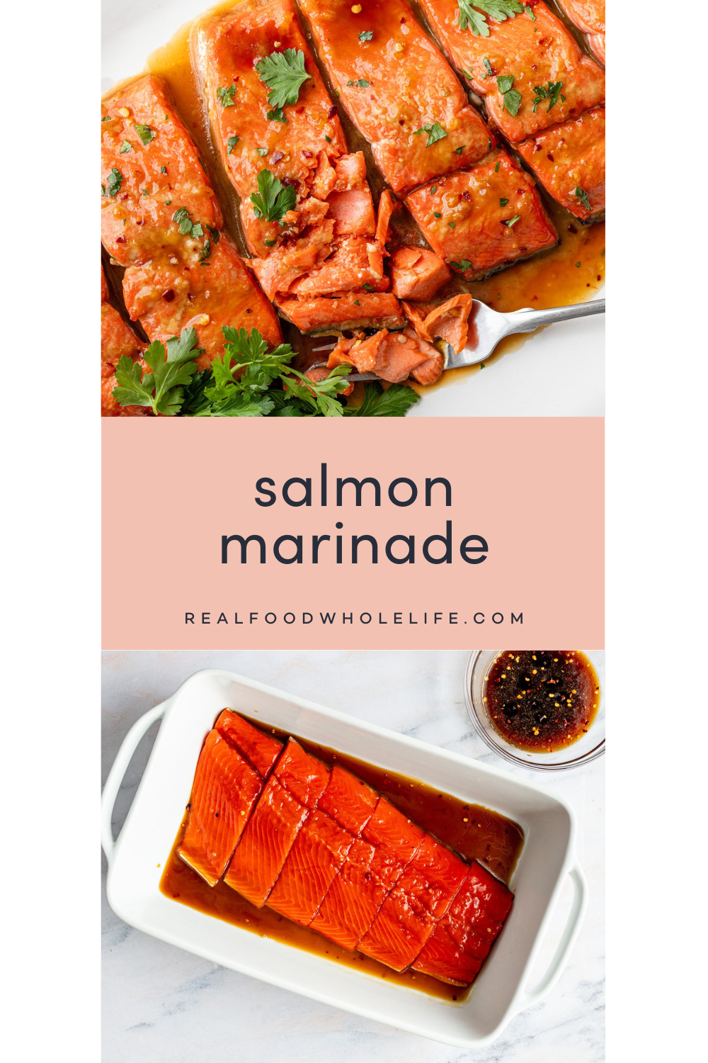 Two image collage with the text "salmon marinade" in the center of the image.