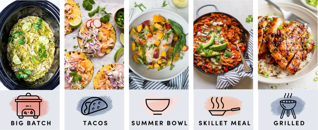 Photos of lime chicken salmon tacos, peach basil bowls, enchilada skillet and teriyaki chicken in a row.