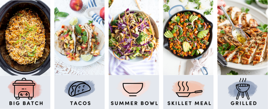 Slow cooker beef ramen, turkey peach tacos, veggie noodle bowls, beef sweet potato skillet and Italian chicken in a row.