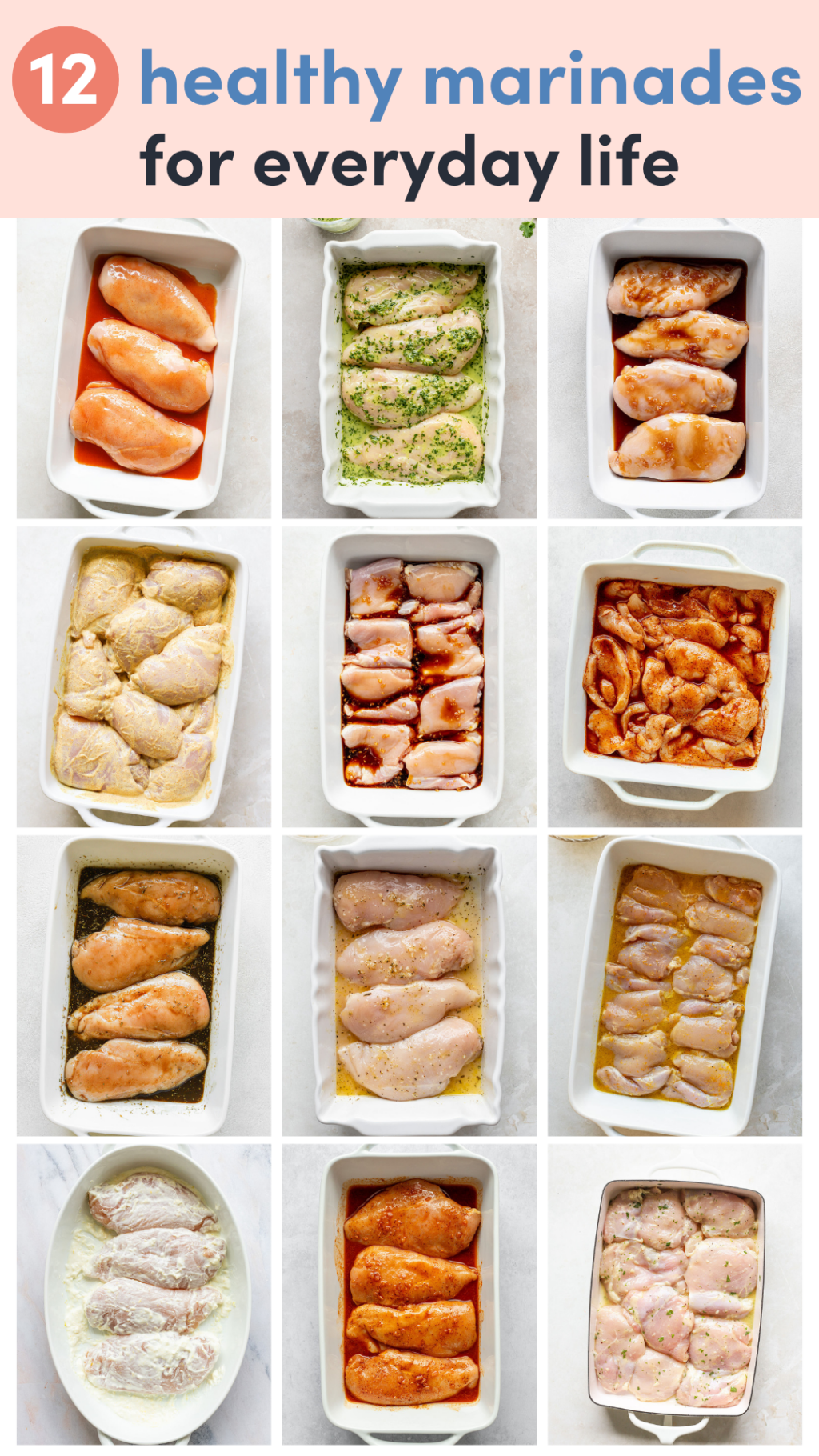 A collage of 12 overhead shots of raw chicken in marinades inside of baking dishes. The title says 12 healthy marinades for everyday life.