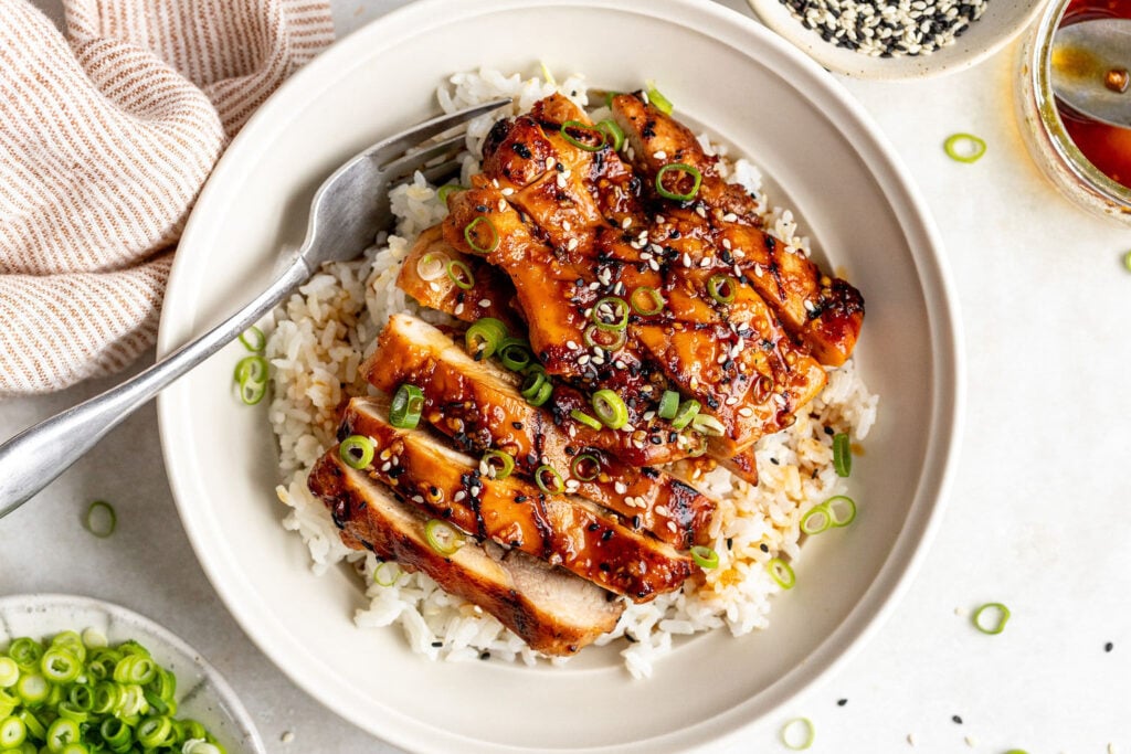 Overhead shot of a large white bowl with sliced, grilled chicken topped with sliced green onions on top of white rice. Bowl is surrounded by bowls of sesame seeds, sliced green onion, and brown sauce, and a striped towel.