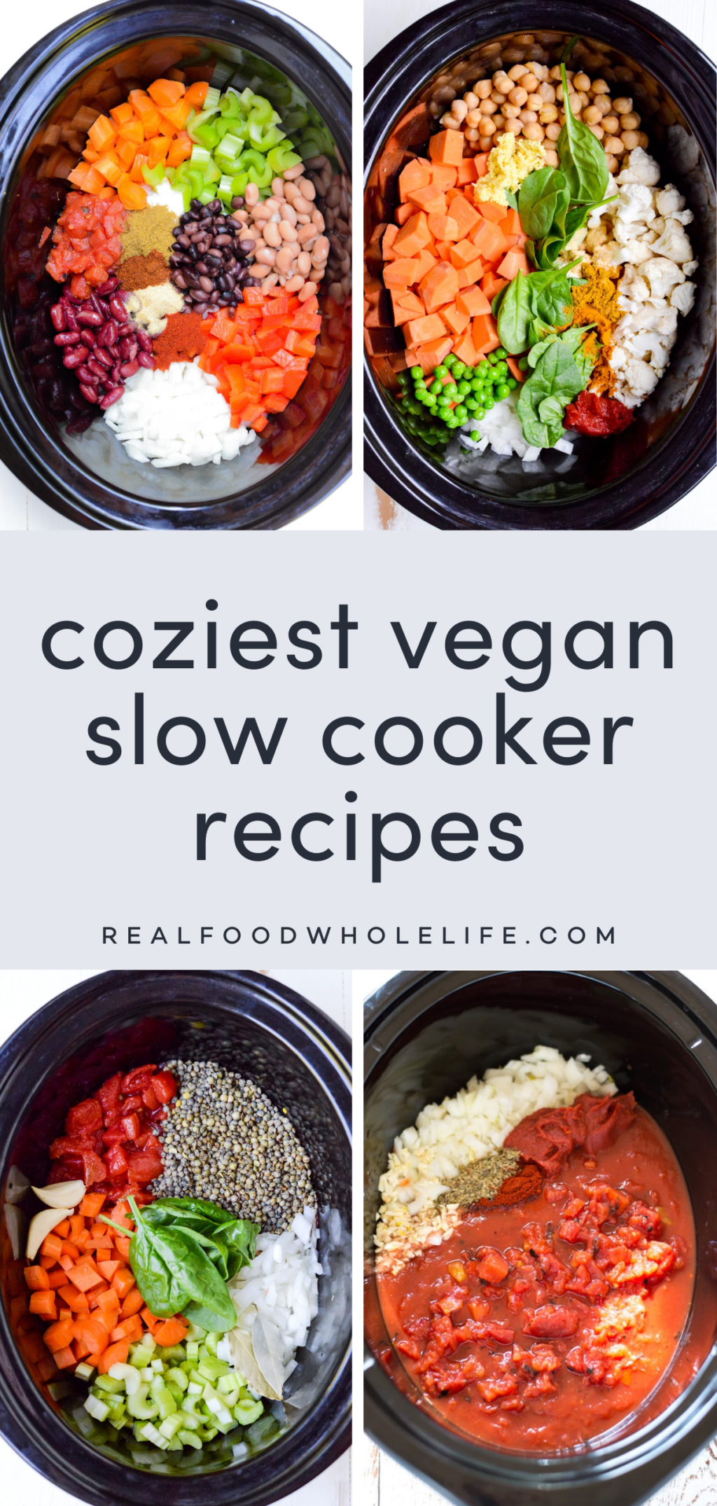 4 image collage with the text "coziest vegan slow cooker recipes" in the center.