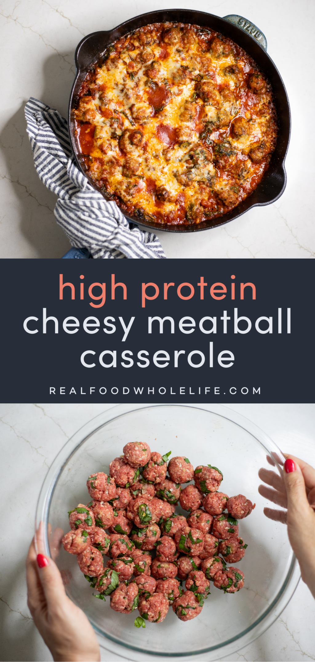 2 image collage with the text: cheesy beef meatball casserole. Top image is a hand holding a skillet of a baked casserole with red sauce, meatballs, and cheese. Bottom image is of a glass bowl with raw meatballs.