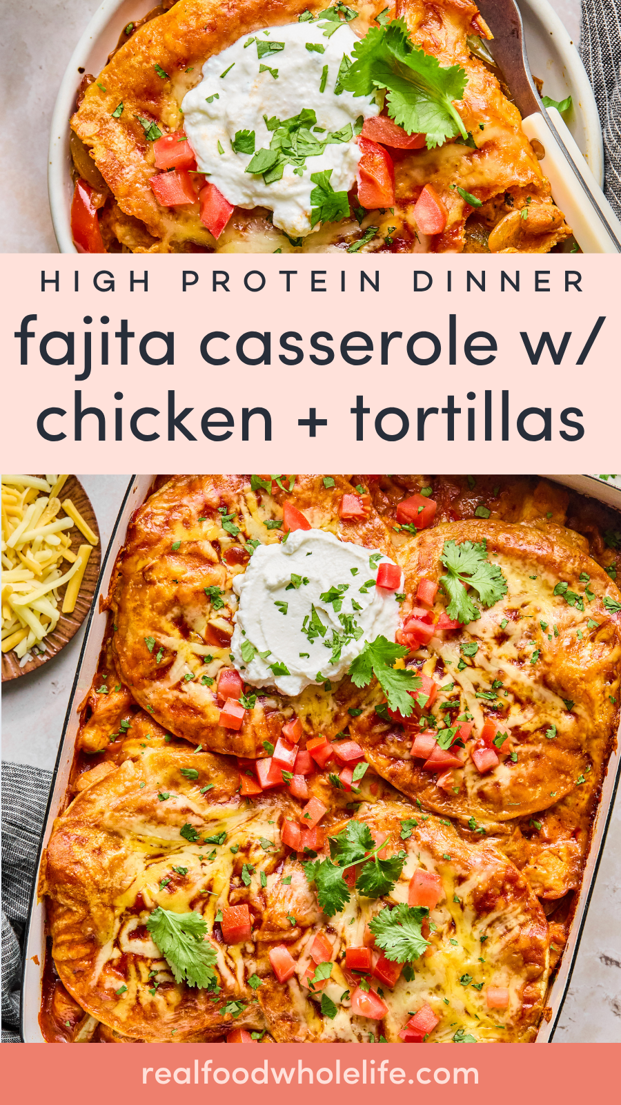 Overhead view of a baked chicken fajita casserole with tortillas, topped with sour cream, chopped tomatoes, cilantro, and shredded cheese.
