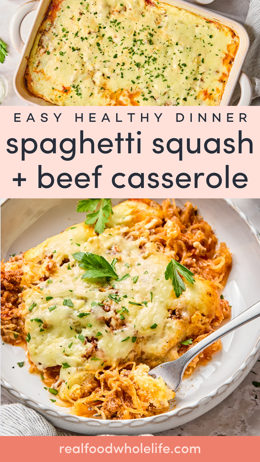 Baked spaghetti squash and beef casserole topped with melted cheese, garnished with parsley, served on a white plate with a fork.