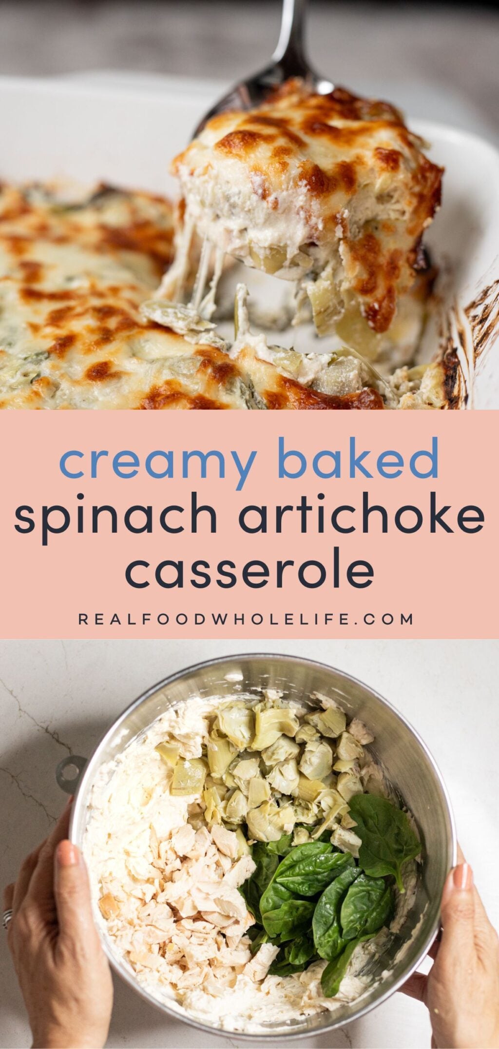 Two images of spinach artichoke casserole.