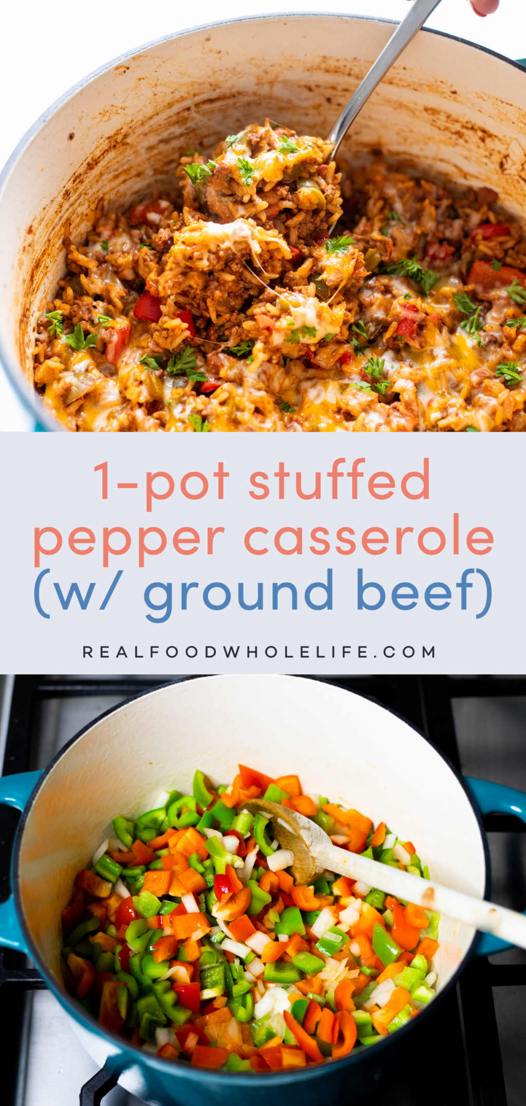 2 image collage with the text "1-pot stuffed pepper casserole (w/ ground beef)" in the center. Top image is a spoon in a pot with a rice, pepper, beef, and cheese casserole. Bottom image is a pot on the stove with diced peppers and onions.