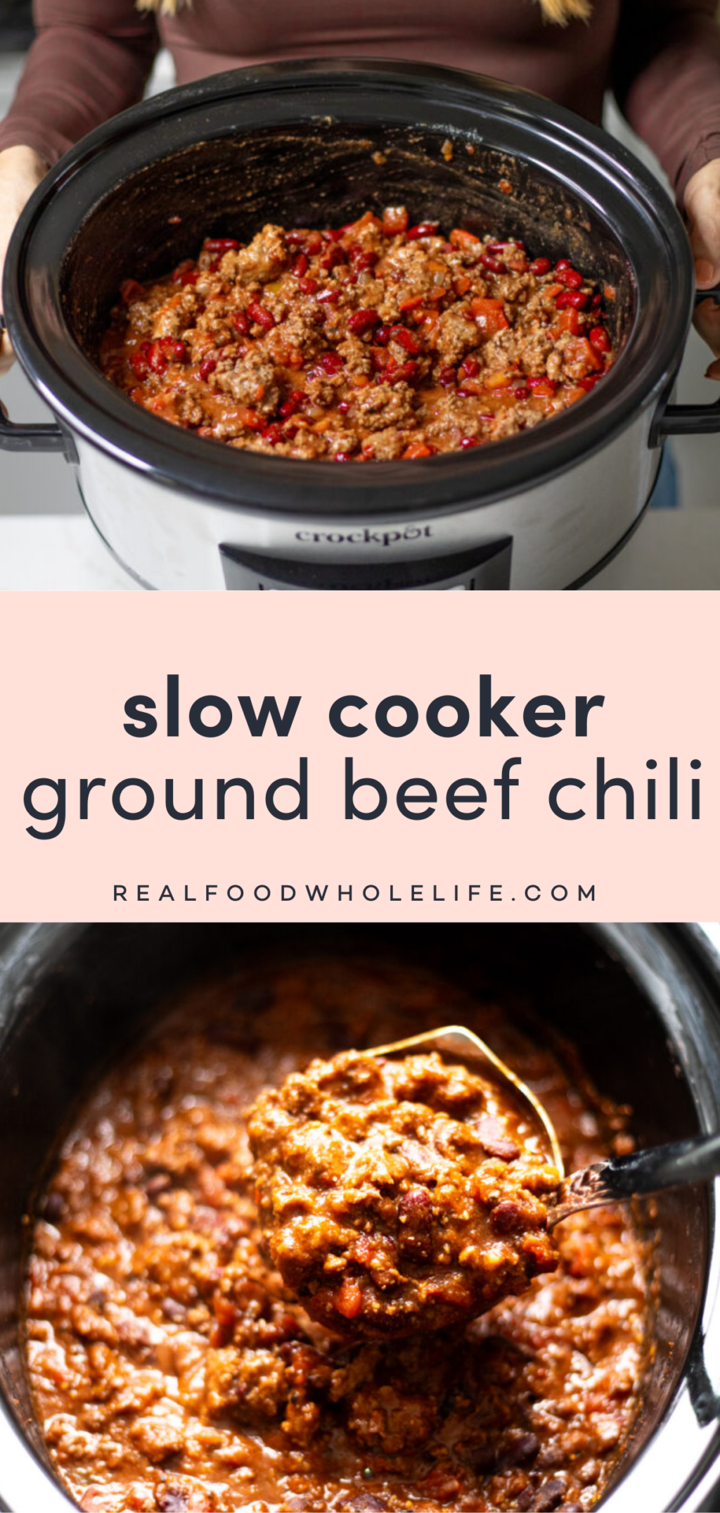 Two image collage with the text "slow cooker beef chili" in the center.