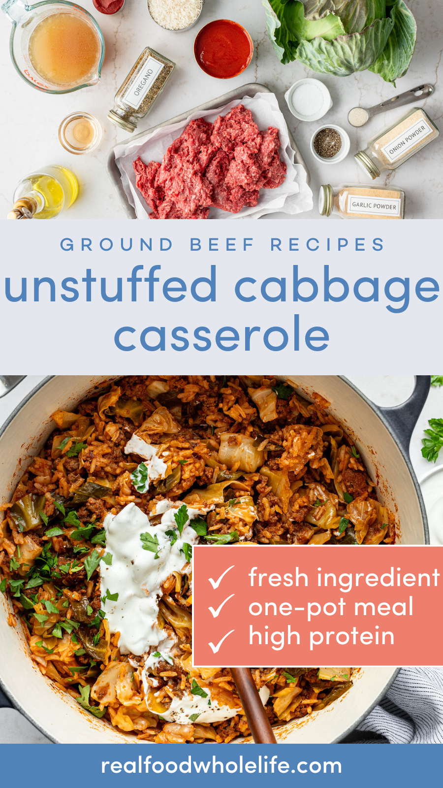 Two image collage with a photo of the ingredients and the finished product for unstuffed cabbage casserole recipe.