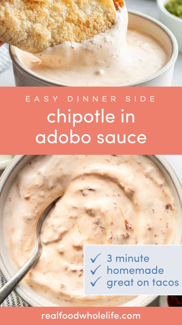 Two image collage. The top image is a taco being dipped in a pinkish sauce. The bottom image is an overhead shot of a bowl of a creamy sauce with a silver spoon in it.