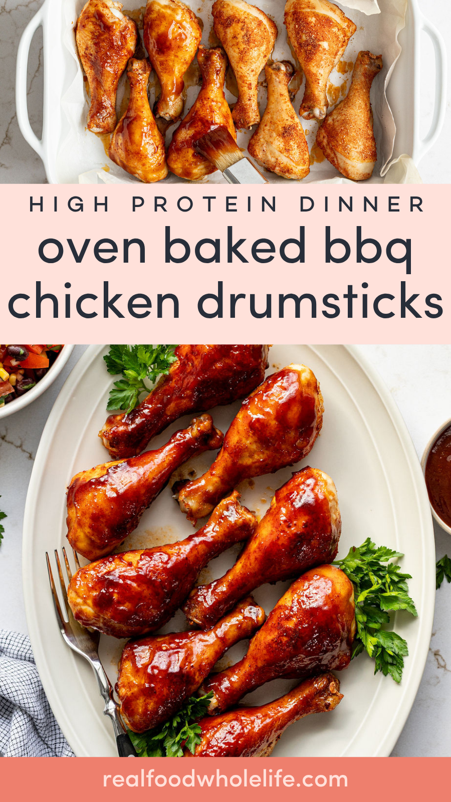 Oven-baked BBQ chicken drumsticks on a baking tray and serving platter, garnished with parsley, with a bowl of BBQ sauce nearby.