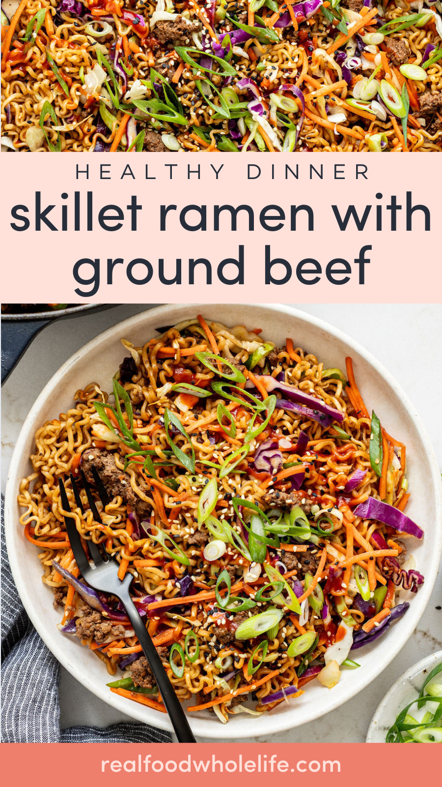 A bowl of skillet ramen with ground beef, shredded carrots, red cabbage, green onions, and a black fork.