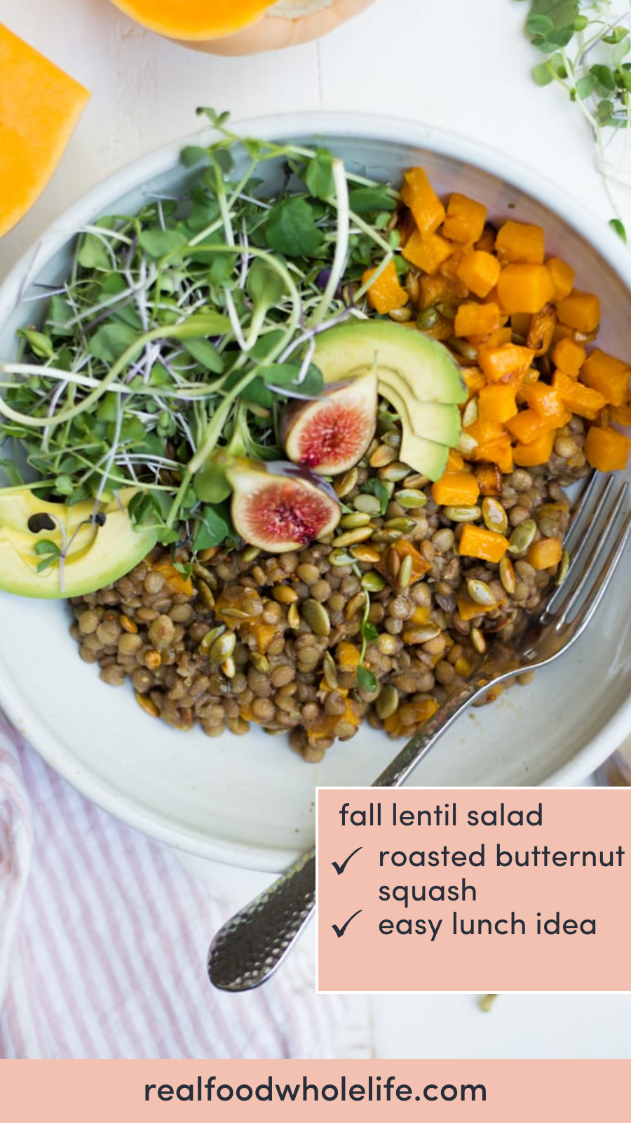 Overhead shot of a bowl with the following ingredients placed in sections: lentils, avocado, sprouts, diced butternut squash and figs.