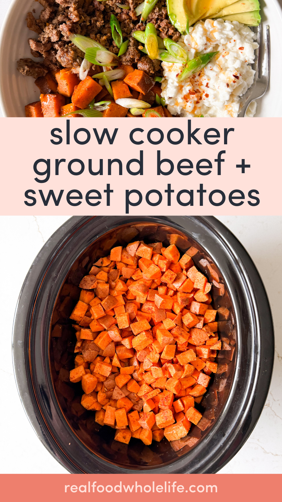 A bowl with ground beef, sweet potatoes, avocado, and cottage cheese.