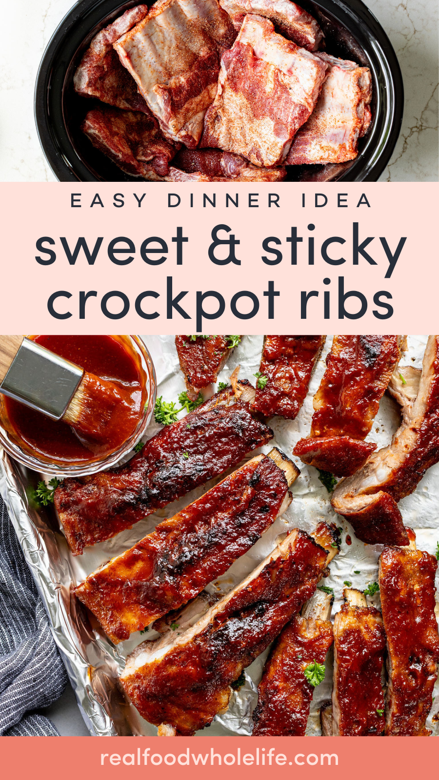 Barbecue ribs in a slow cooker and on a baking sheet.