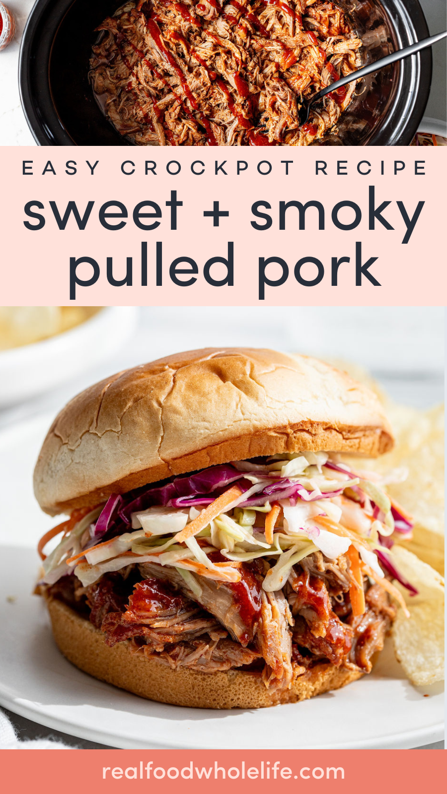 Closeup shot of a bun with shredded pork and a colorful cabbage slaw.