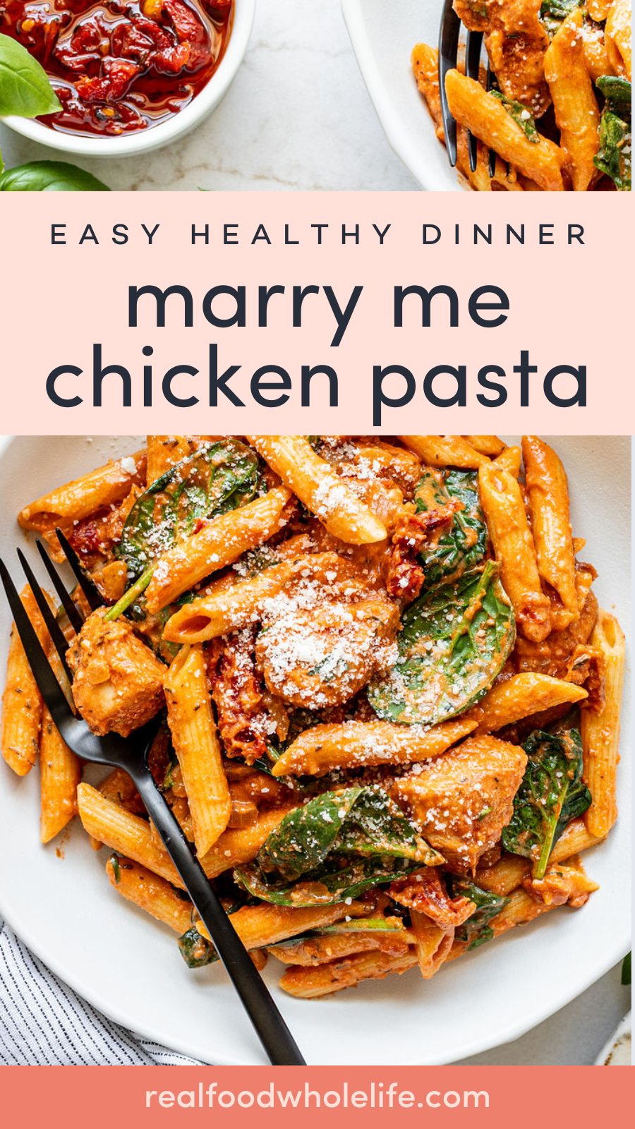 overhead shot of a penne pasta dish with a black fork on the side of the plate.