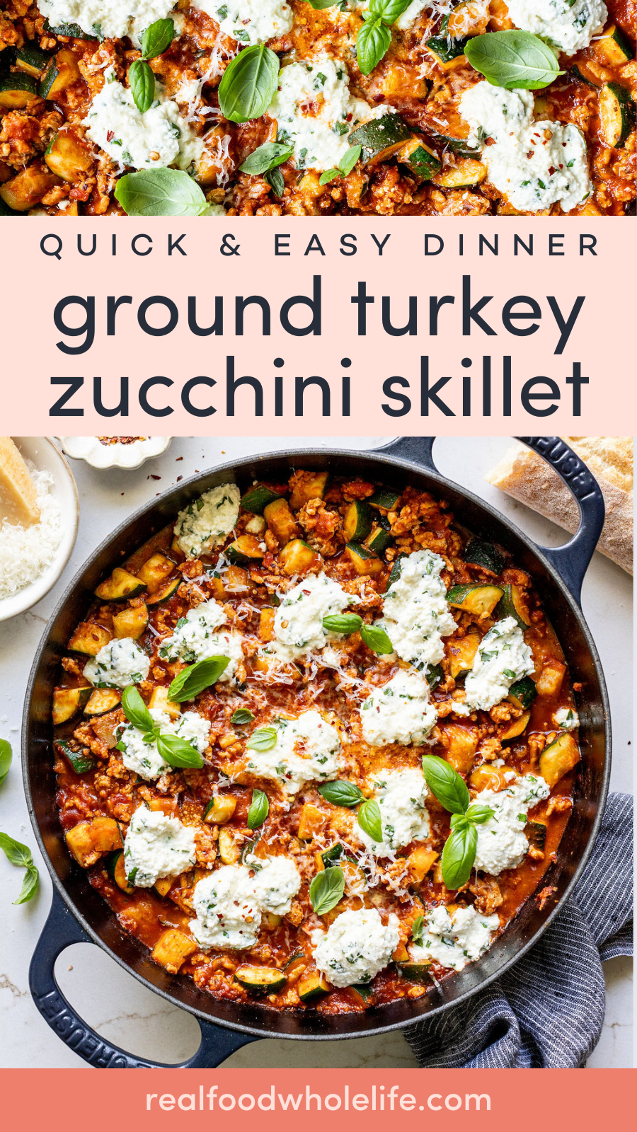 A skillet filled with cooked ground turkey, veggies, and ricotta.