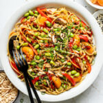 Bowls of mandarins, sesame seeds, almonds, and green onions next to a dish of sesame ginger noodles with veggies and chicken.