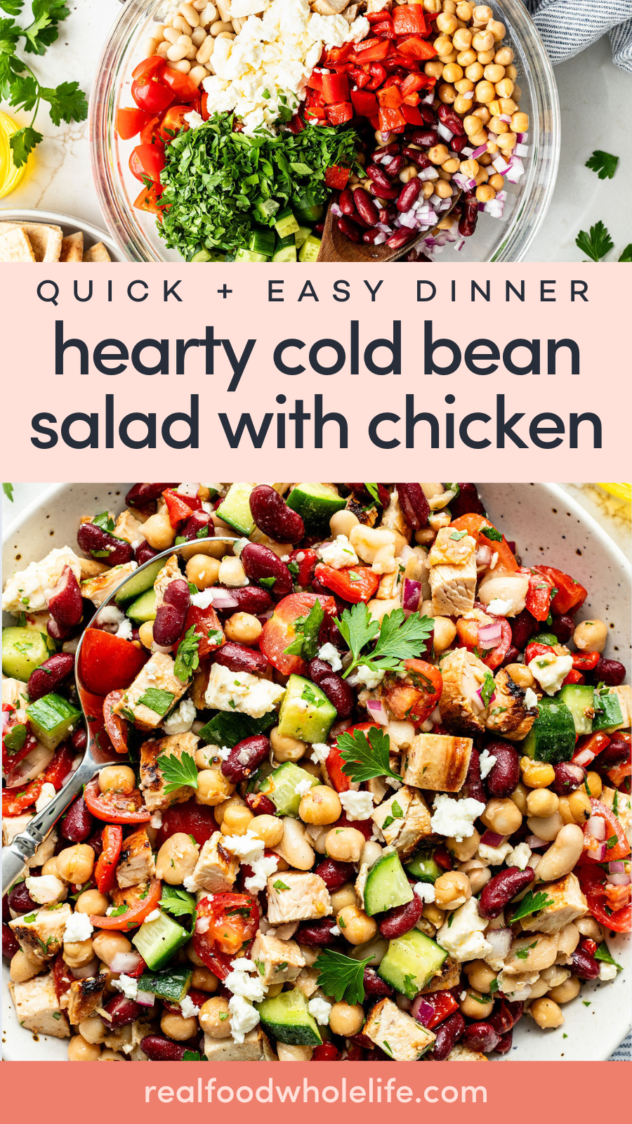 A bowl of bean salad with chicken, cucumbers, tomatoes, red onions, and cheese, with a serving spoon and garnished with herbs.