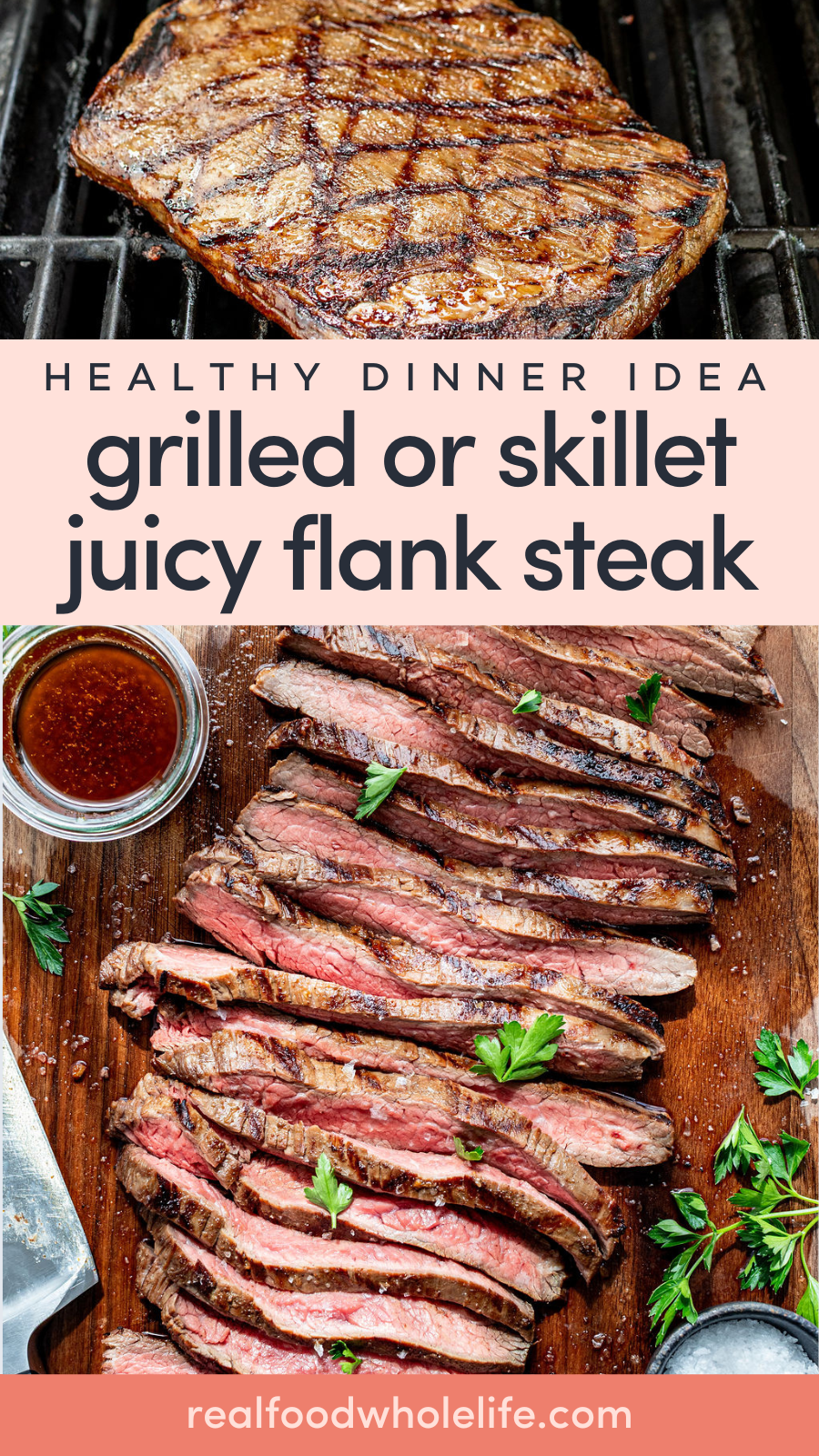 Flank steak on a grill and sliced on a cutting board.