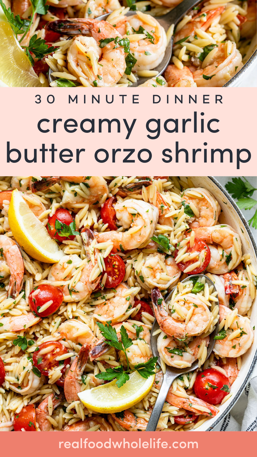 A skillet filled with creamy garlic butter orzo, shrimp, cherry tomatoes, and herbs, garnished with lemon wedges and parsley.