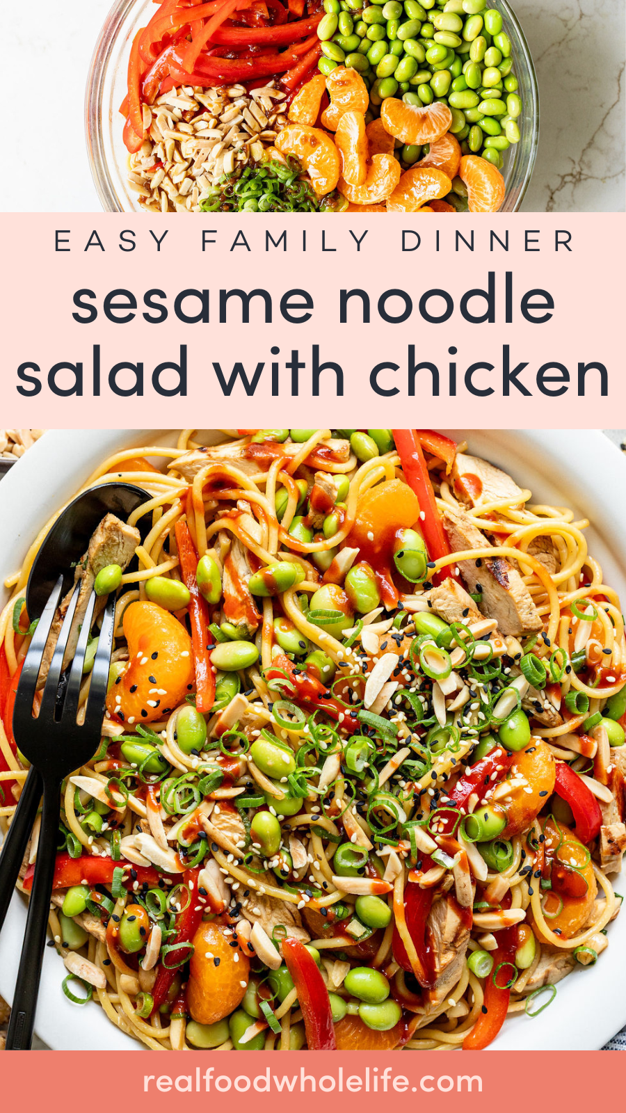 Bowls filled with edamame, sliced bell pepper, noodles, chicken, mandarin oranges, and green onions.