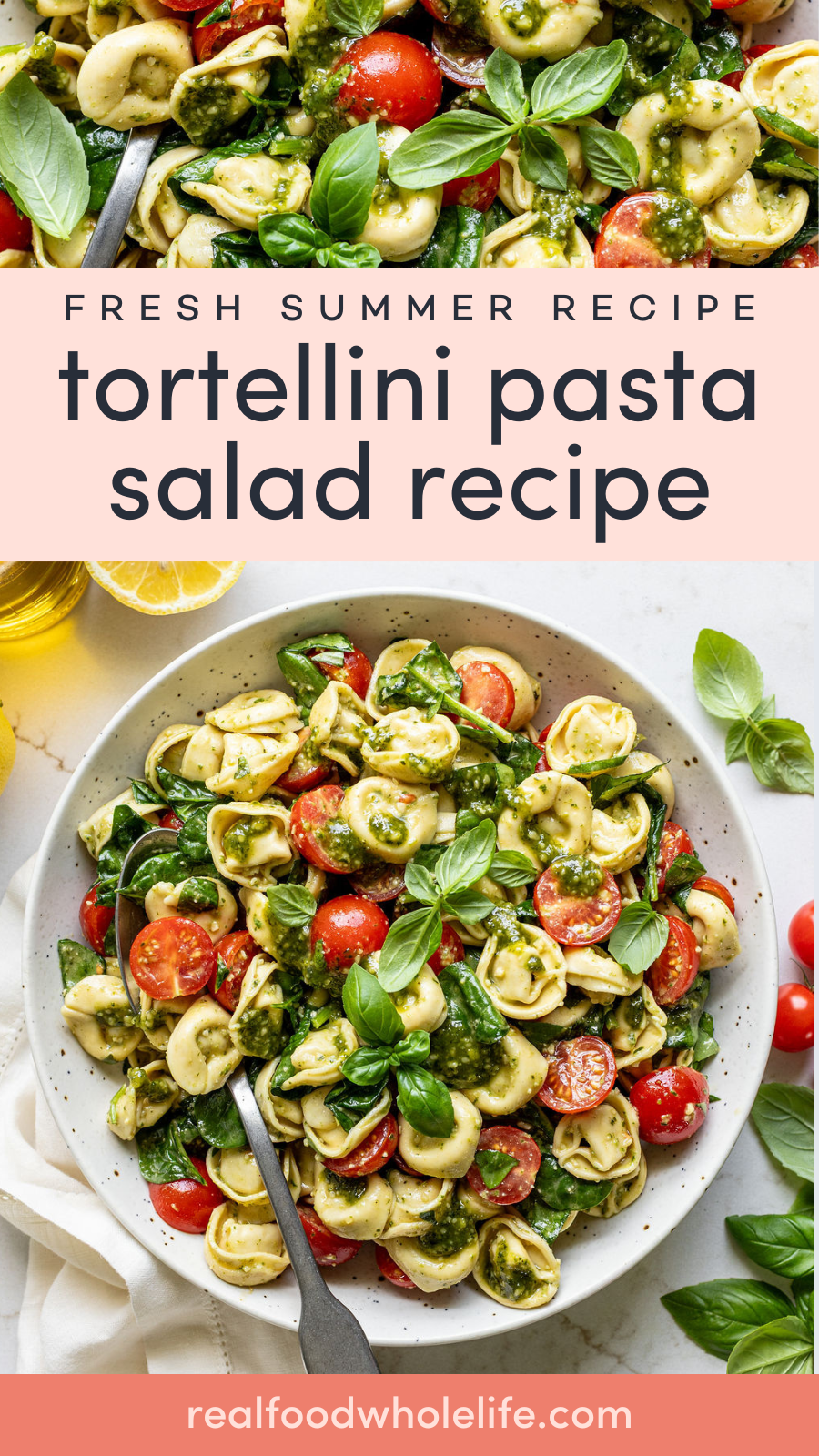 A bowl filled with tortellini, pesto, cherry tomatoes, and fresh basil.