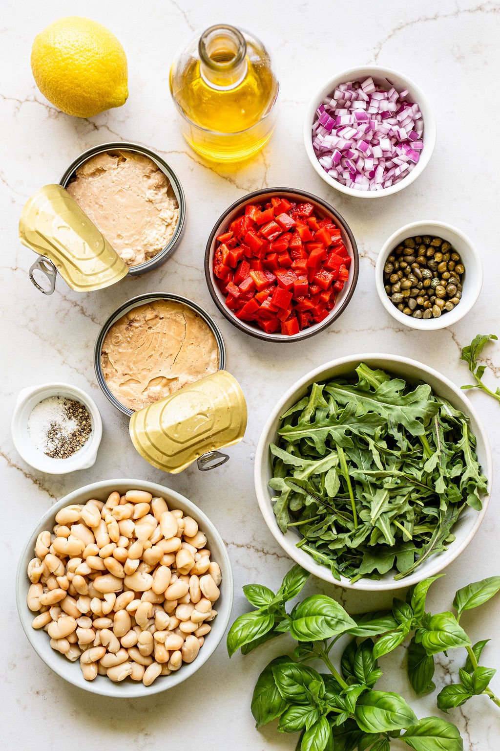 Overhead view of salad ingredients: canned tuna, white beans, arugula, chopped red onion, red bell pepper, capers, basil, lemon, oil, salt, and pepper on a white surface.