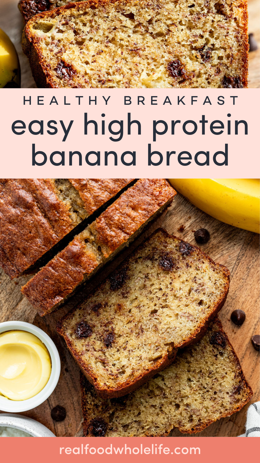 Sliced banana bread on a wooden board with chocolate chips, a banana, and butter.