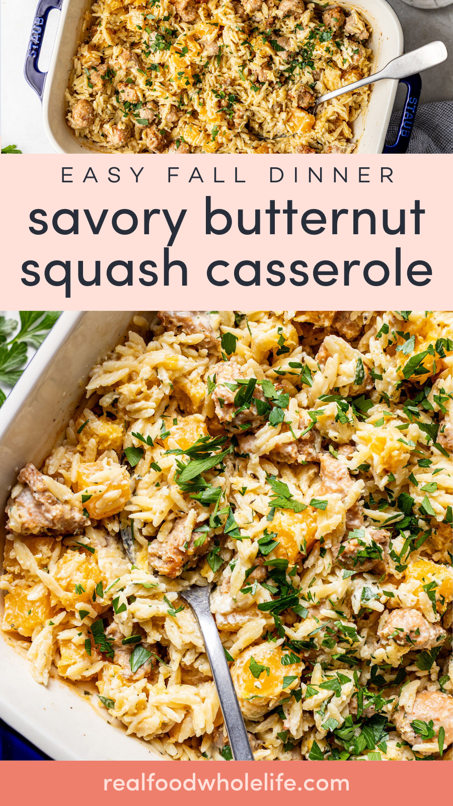 A baked casserole dish filled with orzo, sausage, butternut squash, and herbs, with a serving spoon inside.