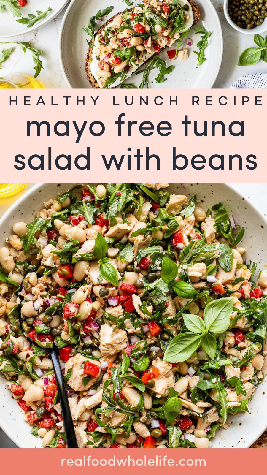 A bowl of tuna salad with beans, red peppers, greens, and herbs, served with a spoon; the dish is labeled as a mayo-free healthy lunch recipe.
