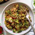A bowl of stir-fried noodles with ground beef, broccoli, and scallions, served with a fork. A plate of the same dish, fresh ginger, and a small bowl of sauce are nearby.