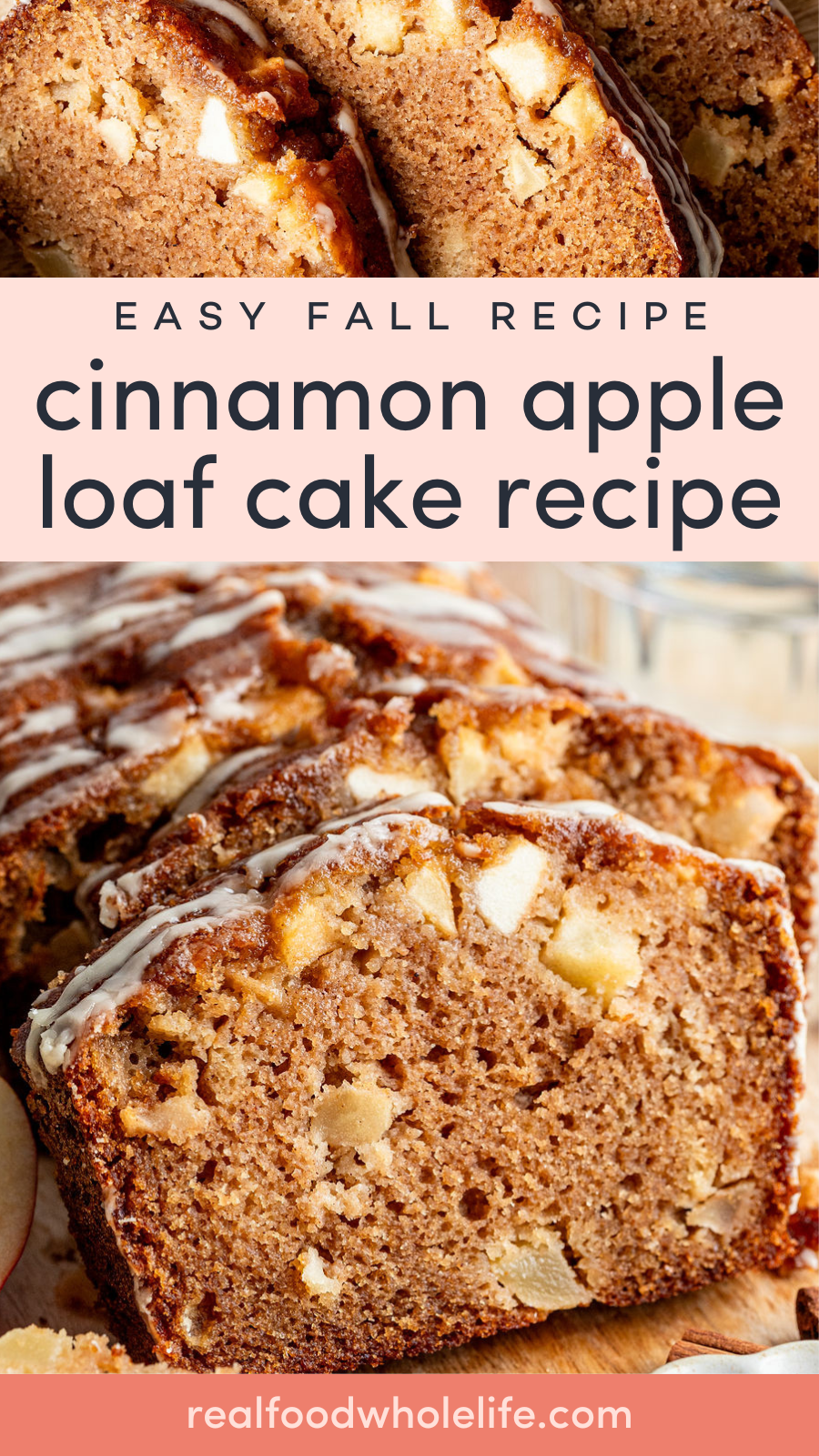 Sliced cinnamon apple loaf cake with icing drizzled on top, featuring visible apple chunks; text displays recipe name and website.