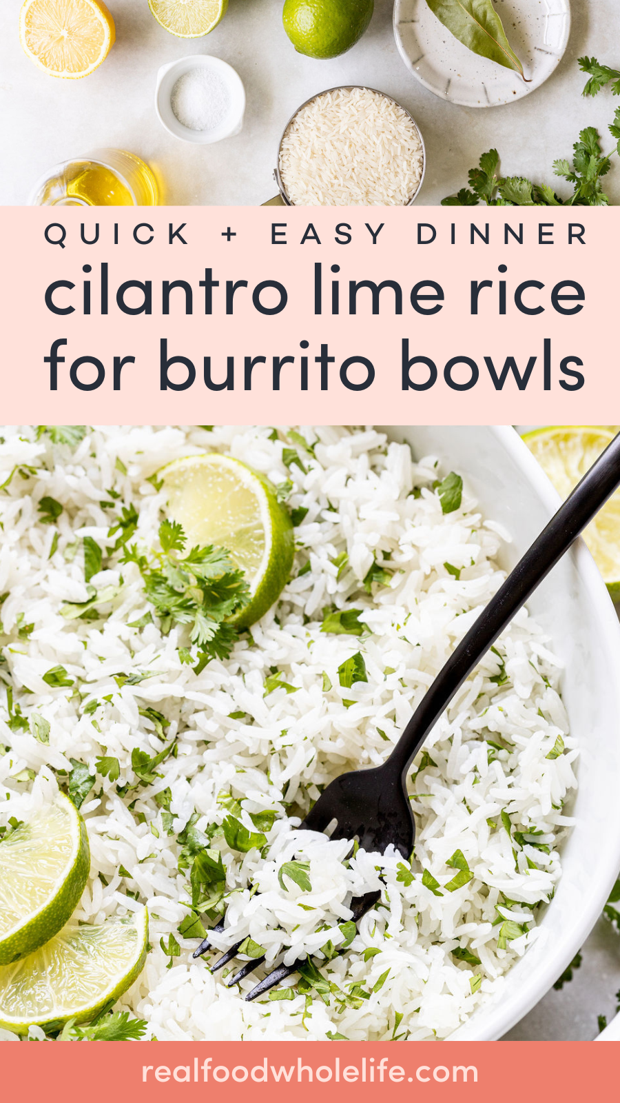 A bowl of cilantro lime rice garnished with lime wedges and cilantro, with a black fork.