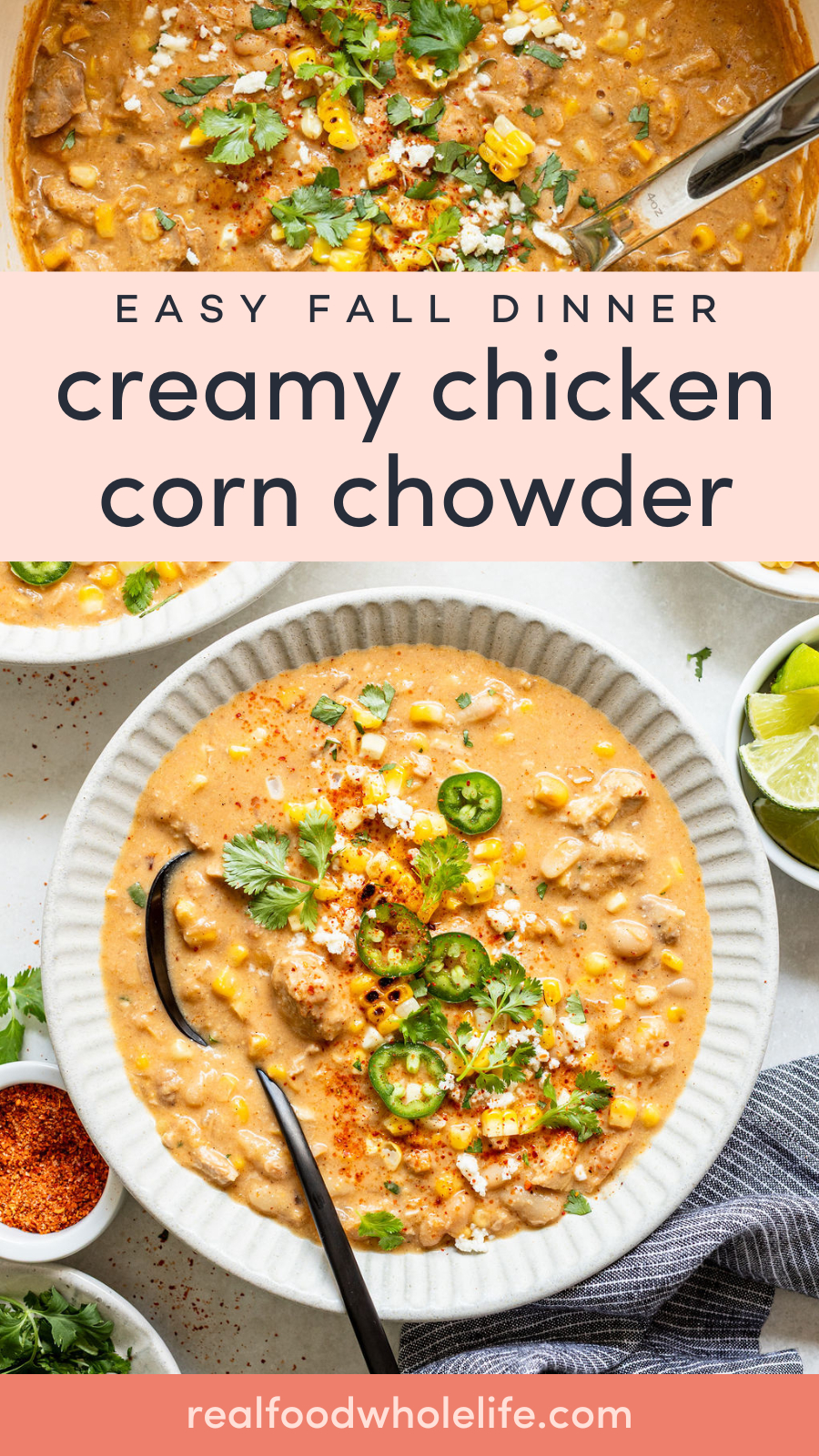 A bowl of creamy chicken corn chowder garnished with cilantro, sliced jalapeños, and corn.