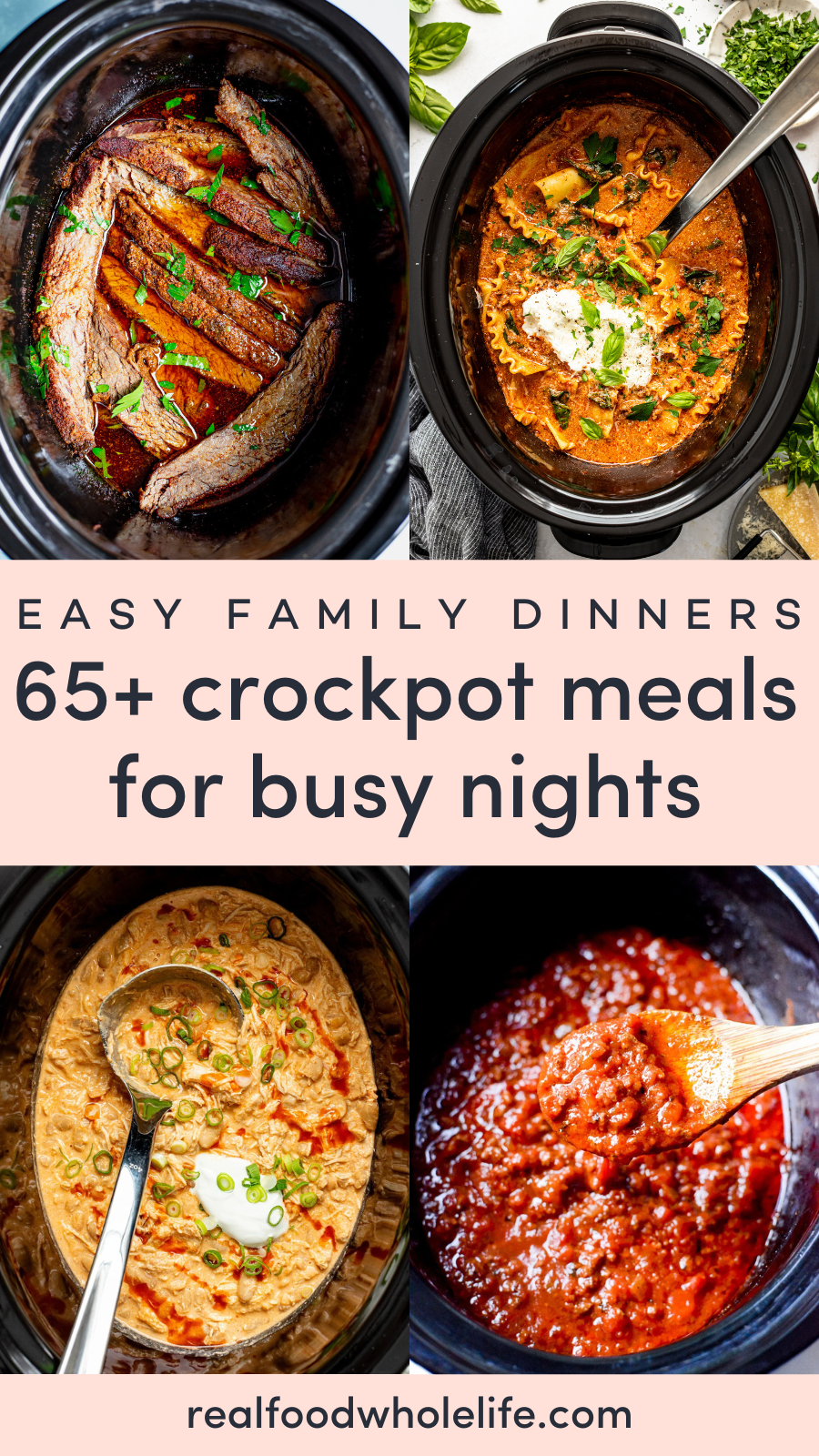 Collage of four crockpot meals, including beef, creamy chicken, lasagna soup, and spaghetti sauce.
