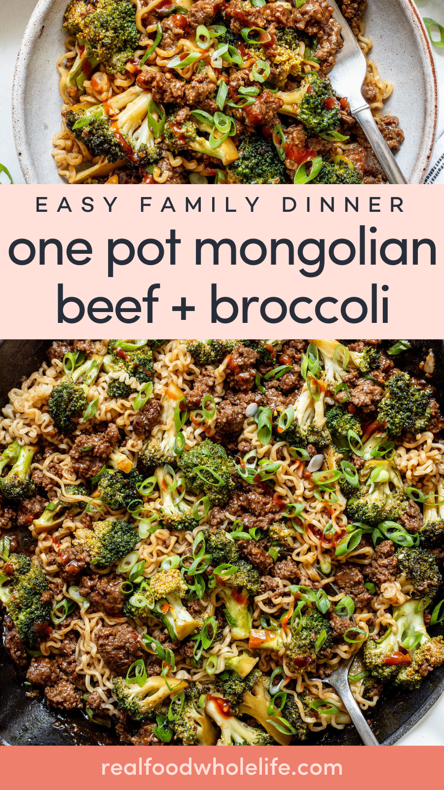 A skillet filled with cooked noodles, ground beef, broccoli, and green onions. Text reads: Easy family dinner - one pot Mongolian beef + broccoli.