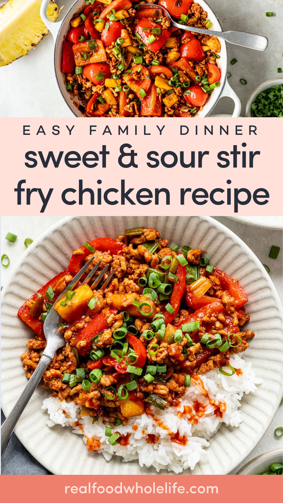 Stir fry chicken with vegetables served over rice on a plate.