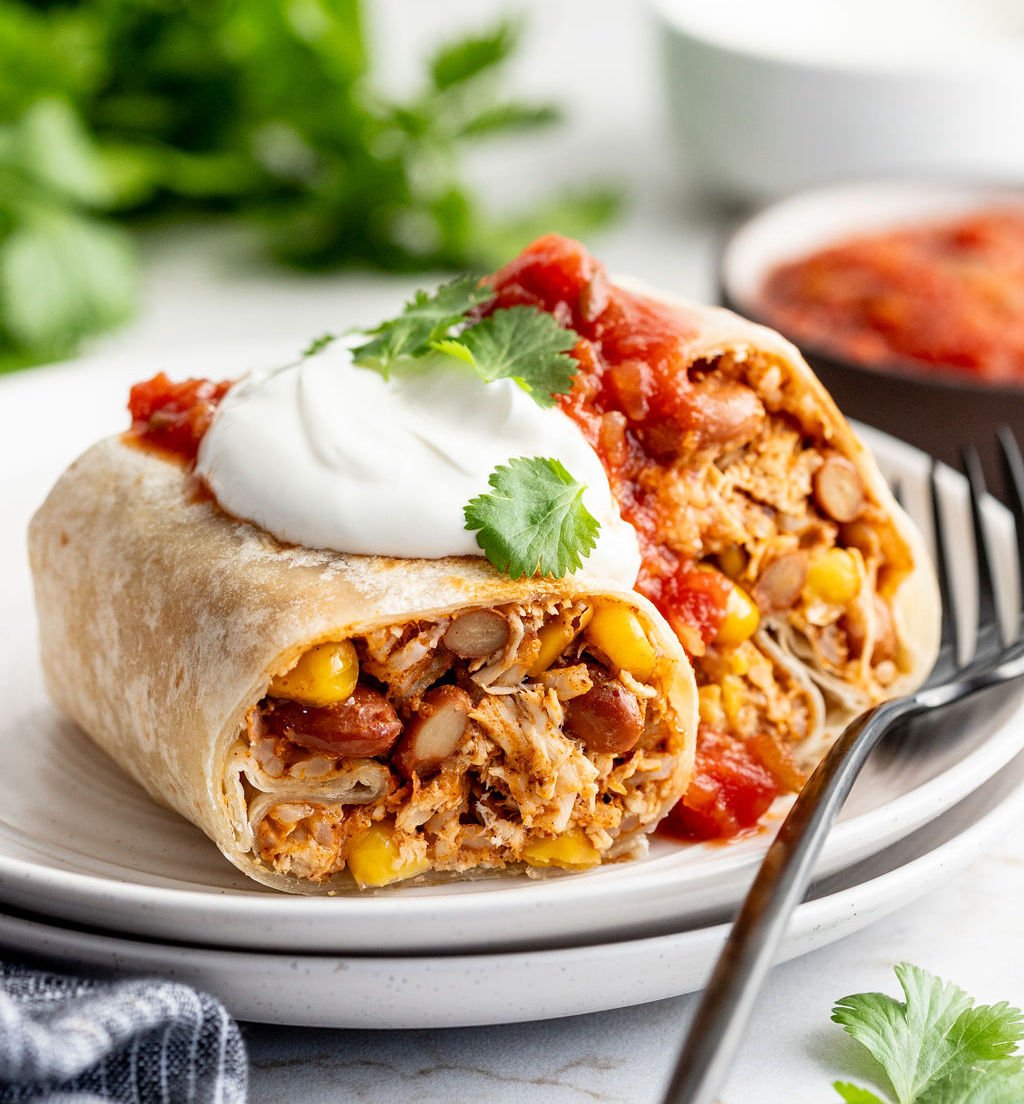 A burrito cut in half on a plate, filled with beans, corn, and shredded meat, topped with salsa, sour cream, and cilantro, with a fork beside it.
