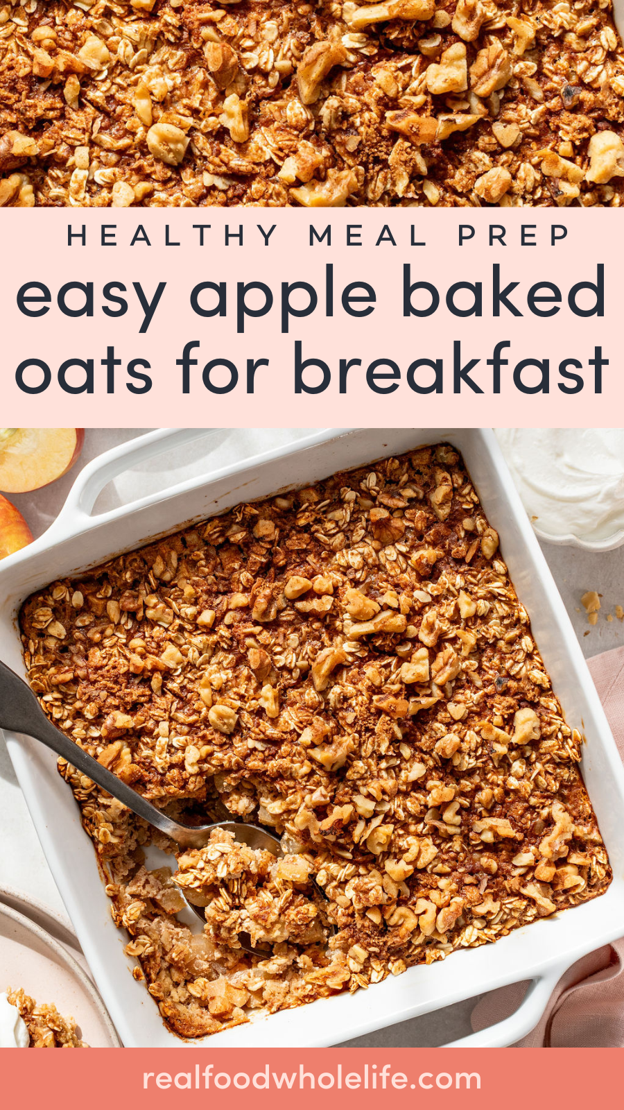 A baking dish filled with apple baked oats, partially served with a spoon, sits on a table; text reads easy apple baked oats for breakfast.