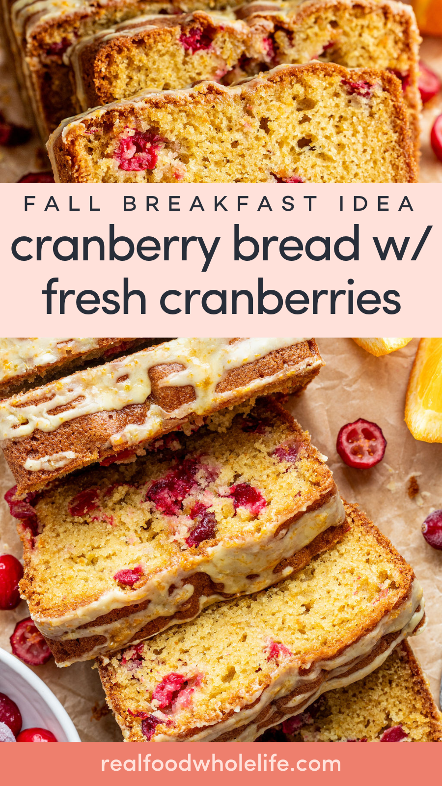Sliced cranberry bread with visible fresh cranberries, drizzled with glaze.