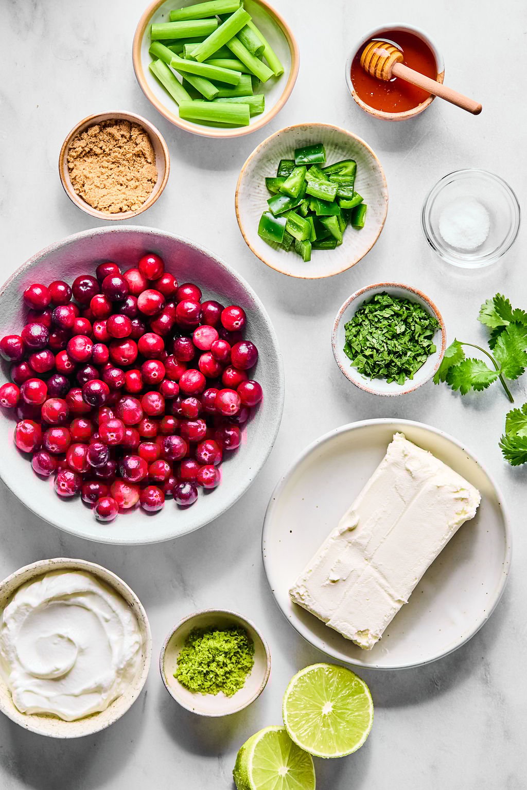 Overhead view of bowls containing cranberries, celery, jalapeños, brown sugar, honey, salt, cilantro, cream cheese, sour cream, lime zest, and lime halves on a white surface.